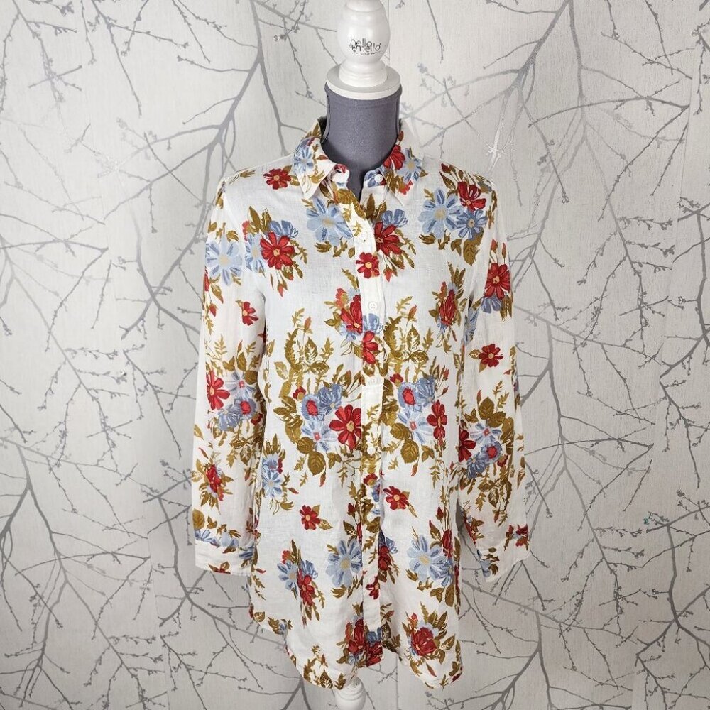 Contemporaine Colorful Floral Print 100% Linen Button Front Tunic